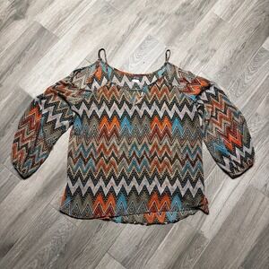 Dots Women 3X Cold Shoulder Blouse Chevron Zigzag Print Boho Long Sleeve Top